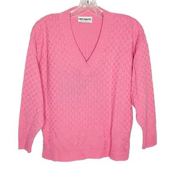 Vintage 90s Womens Knitwaves Pink V Neck Sweater Basket Weave Texture Pullover - Picture 1 of 4